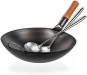 YOSUKATA 14" Carbon Steel Wok Pan Set - Pre-Seasoned, 17" Wok Spatula & Ladle - Heat-Resistant, Dishwasher Safe