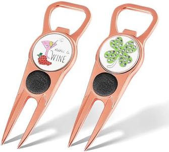 FINGER TEN Golf Divot Repair Tool and Ball Marker 7-in-1 Value 2 Pack, Premium Leather Grip Tools with Belt Clip, Club Tee, Club Groove Cleaner, Bottle Opener, Putting Alignment Guide (Rose Gold)