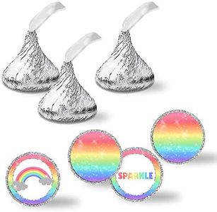 Rainbow Sparkle Birthday Party Kiss Sticker Labels, 300 Party Circle Sticker Sized 0.75” for Chocolate Drop Kisses by AmandaCreation, Great for Party Favors, Envelope Seals & Goodie Bags