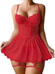 Mixxmix Babydoll Lingerie for Women Lace Up Mesh Chemise Nightgown with Garter Belt, Red, XL