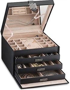Glenor Co Extra Large Jewelry Box Organizer - 42 Slot Classic Holder w Modern Closure, Drawer, Big Mirror & 4 Trays for Women - Storage Case for Earring Ring Necklace Bracelet Watch -PU Leather- Black