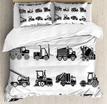 Ambesonne Nursery Duvet Cover Set Queen Size, Heavy Machinery and Vehicles of Construction Mining Site Drawn in Black on White, Decorative 3 Piece Bedding Set with 2 Pillow Shams, White Black