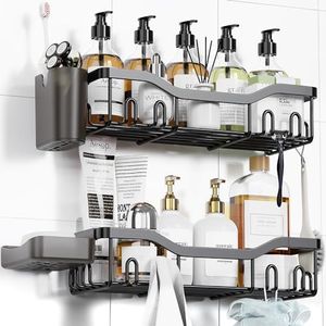 NESOMI Shower Caddy Adhesive Shower Organizer Rustproof Stainless Steel Bathroom Shelves, Large Capacity No-Drill Rack Storage Accessories with Soap Dish Toothbrush Holder & 16 Hooks Home Decor Black