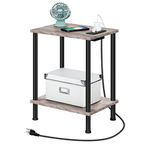 HOOBRO Side Table with Charging Station, End Table with USB Ports and Outlet, Nightstand with 2-Layer Storage Shelves for Small Spaces, Living Room, Bedroom, Stable Frame, Greige and Black BG09UBZ01