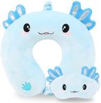 Travel Pillow, Kids Travel Pillow with Sleep Eye Mask Soft Memory Foam Kids Neck Pillow for Boys & Girls, Travel Accessories for Car Airplane Traveling - Blue Axolotl