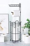 Vinsani Metal Free Standing Toilet Tissue Paper Roll Holder Floor Stand - 4 Paper Rolls with Additional Storage Rack for Phone or Air Freshener - Toilet Bathroom - Black