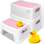 Pink Toddler Step Stool for Toilet, Two Step Stool for Kids Bathroom with Handle for Potty Training, Non-Slip Girls Small Heavy Duty Plastic Stool for Sink Bed Kitchen Counter (White-Pink)