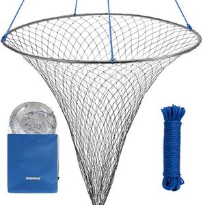 QualyQualy Bridge and Pier Fishing Net, Foldable Drop Net for Pier Fishing with Rope, Landing Net Soft Steel Hoop and Nylon Mesh (39''×36'')