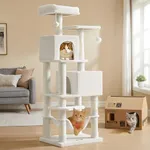 Feandrea Cat Tree, 61-Inch Cat Tower for Indoor Cats, Plush Multi-Level Cat Condo with 5 Scratching Posts, 2 Perches, 2 Caves, Hammock, 2 Pompoms, Cream White UPCT192T01