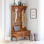 WoodMarwar Sheesham Wood Console Table for Living Room | Wood Foyer Tables for Entryway with Box Trunk Storage | Wooden Side Entrance Table with 4 Hook Clothing Storage Organizer for Hallway | Honey