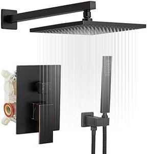 Shower System Oil Rubbed Bronze Rainfall Shower Head Faucet And Handle Set 10 Inch with Handheld Spray Mixer Wall Mounted Bathroom Combo Set Rough-in Valve Body Trim Included