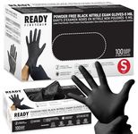 Ready First Aid Nitrile Disposable Gloves, Medical Grade Powder-Free Latex-Free Ambidextrous Examination Gloves Non-Sterile, Multiple Purpose Black Disposable Nitrile Gloves (100 Pieces, Small)