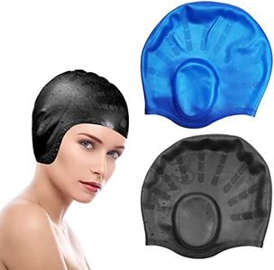 BEZANU Swim Cap, 2PCS Durable Silicone Swimming Cap for Women and Men (Black & Royal Blue)