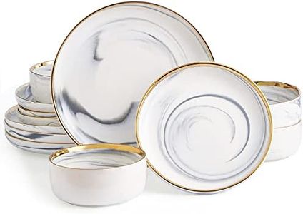 Pokini Dinnerware Sets, Marble Gold Line Plates and Bowls Sets Stoneware Dishes Set for 4, 12 Piece White Grey Marble Porcelain Round Dinner Dish Sets