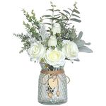 VIERENA Faux Flowers with Vase, Artificial Silk Roses in Fake Plant Eucalyptus Flower Arrangement for Home Office Farmhouse Dining Table Centerpiece Decorations Coffee Decor (White) (106-HS-BAI)