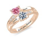 925 Sterling Silver Personalized Couple 2 Birthstones Rings Custom Heart Ring for Couple Free Engraving Promise Ring Engagement Ring for Women Valentines Day Gifts for Wife Girlfriend (Rose gold)