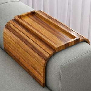 SMILEDRIVE® Teakwood Sofa Armrest Tray Table with Snack Holder Section | Foldable Couch Arm Organizer | Premium Faux Leather Base | Coffee, Remote & Phone Holder | Made in India