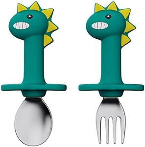 SFCCMM Toddler Utensils Stainless Steel Forks and Spoons Safe Children's Cutlery Set Handle Cartoon Cute for Baby (Green Dinosaur - Short)