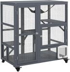 PawHut Cat Cage House, Catio Cat Indoor Enclosure on Wheels, Weather-Resistant Wooden Kitty Cage with Platforms, Hammock, Light Grey