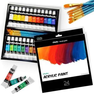 Ohuhu Acrylic Paint Set, 24 Colors(12 ml) Acrylic Paint Non Toxic, Quick Dry, Acrylic Painting Kit for Adults DIY Craft Gifts on Painting Canvas, Clay, Egg, Wood, Ceramic, with 6 Art Brushes