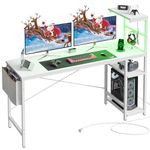 Bestier 61 Inch Gaming Desk with Power Outlets, Large LED Gamer Desk with Reversible Shelves, PC Gaming Table with Headset Hook & Side Storage Bag for Bedroom (White 3D Carbon Fiber)