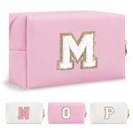 Personalized Initial A-Z Preppy Patch Makeup Bag,Small PU Chenille Letter Cosmetic Bag with Zipper for Teen Girls,Pink Cute Toiletry Organizer Bag,Monogram Makeup Case Gift for Women Girls,Letter M