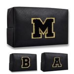 Yharnamite Small Personalized Initial Letter Makeup Bag, PU Leather Travel Cosmetic Bag Pouch with Zipper, Cute Waterproof Chenille Letter Cosmetic Bag, Travel Makeup Bag for Women and Girls (Black-M)