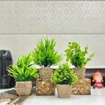 Dekorly Artificial Potted Plants, 4 Pack Artificial Plastic Eucalyptus Plants Small Indoor Potted Houseplants, Small Faux Plants for Home Decor Bathroom Office (Green with Jute Pot, Height : 17CM)