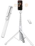 ANXRE 60" Phone Tripod Selfie Stick with 𝐑𝐞𝐦𝐨𝐭𝐞 𝐚𝐧𝐝 𝟐 𝐋𝐢𝐠𝐡𝐭,Travel Selfie Stick Tripod with Remote Tripod for Cell Phone Compatible with 4''-7'' iPhone Android Samsung for Vlog (White)