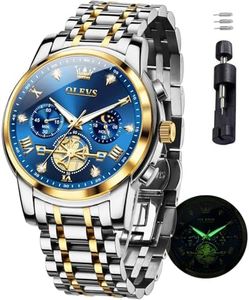 OLEVS Blue Watch Large Face Casual Stainless Steel Chronograph Men's Watch with Expandable Band Moon Phase Waterproof Mens Luxury Watch