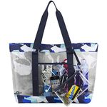 Eastsport Heavy Duty Transparent Clear Tote Bag Wristlet, Zipper Closure, For Work, Sporting Events, Festivals and Concerts, Clear/Jagged Shapes Print/Navy Blue Trim, Large