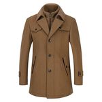 YOUTHUP Mens Wool Trench Coat Winter Thick Peacoat Business Military Coat with Removable Inner Collar, Brown, L