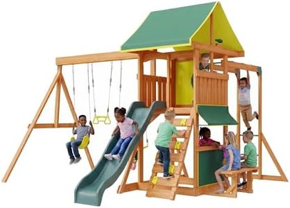 SunSwell Wooden Swing Sets for Backyard - Outdoor Playset with 8 FT Wave Slide, 2 Belt Swings, Play Deck, Monkey Bars, Rock Wall Ladder, Shaded Picnic Area, Snack Bar, Playground Sets,Green