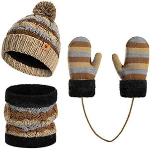 Kids Winter Pompom Beanie Hat Scarf Gloves Set for Boys&Girls Age 5-8, Fleece Lined Skull Cap Neck Warmer Mitten Set Khaki