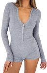 LACOZY Womens Sexy Long Sleeve Shorts Jumpsuits Y2k One Piece Bodycon Yoga Sport Outfit Onesie Button Down Bodysuit Light Grey L