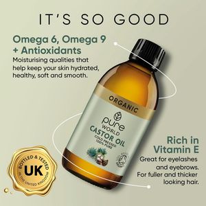 Organic Castor Oil 250ml – Cold Pressed, Hexane Free, Glass Bottle, Food Grade for Hair, Skin, Eyelashes & Eyebrows