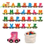 Wondertoys Wooden Alphabet Train Toy 27 PCS Wooden Magnetic Alphabet ABC Train Set Wooden Letter Trains for Toddlers, Compatible with Train Set Tracks Wooden Double-sided Train Toy Include Storage Bag