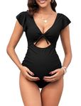 ZAFUL 2024 Maternity One Piece Swimsuit for Women Swim Suits Tie Front Tummy Control Bathing Suits Ruffle Swimsuits, Solid Black, XL