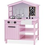 Best Choice Products Farmhouse Play Kitchen Toy, Wooden Pretend Set for Kids w/Chalkboard, Marble Backdrop, Windows, Storage Shelves, 5 Accessories Included - Pink