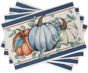 Seliem Fall Thanksgiving Blue White Pumpkin Placemats Set of 4, Autumn Harvest Eucalyptus Leaves Dining Table Place Mats, Seasonal Kitchen Decor Home Decoration 12 x 18 Inch