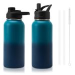 Insulated Water Bottle, 32oz Vacuum Stainless Steel Metal Sports Water Bottles with Stickers, Straw & Spout Lid (2 Lids), Double Walled to Keeps Hot and Cold, Leak Proof, BPA-Free, 32oz (Green Blue)