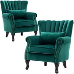 DM Furniture Velvet Accent Chairs Set of 2 with Arm Comfy Living Room Chair Mid-Century Modern Wingback Side Chair Single Sofa Couch for Bedroom Guest Room, Green