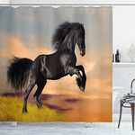 Horse Decor Shower Curtain by Ambesonne, Western Wildlife Theme Friesian Horse Galloping Idyllic Sunset Scenery Pasture, Fabric Bathroom Decor Set with Hooks, 84 Inches Extra Long, Multicolor