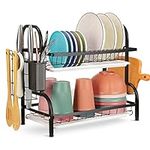 Widousy 2-Tier Dish Rack, Dish Drying Shelves with Drainboard Tray, Utensil Holder, Cutting Board Holder, Rust-Proof Dish Drainer for Kitchen Countertop (Black)