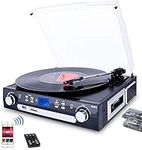 DIGITNOW! Vinyl Record Player, Bluetooth Turntable with Stereo Speakers, Turntable for Vinyl to MP3 with Cassette Play, AM/FM Radio, Remote Control, USB/SD Encoding, 3.5mm Music Output Jack