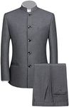 Men 2 Pieces Chinese Tunic Suit Mandarin Collar Blazer Set Button Jacket Pant Set Traditional Uniform Groom Dress, Dark Grey, L