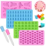 BUZIFU 4 Pack Candy Silicone Molds, Gummy Bear Moulds Silicone Mould Gumdrop Jelly Molds Mini Gummy Bear Mold Ice Cube Trays Chocolate Moulds with 2 Droppers for Sweets Fondant Cake Decor