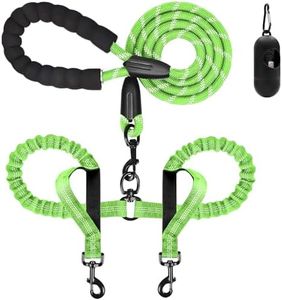 Dog Leash, Double Dog Leash for Two Dogs, Heavy Duty Adjustable Dual Dog Leash No Tangle, Bungee Retractable Split Multiple Leash for Walking 2 Dogs, Dog Poop Bags Trip Essentials (5.5FT-1/2”, Green)