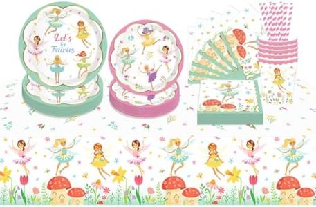 ZOOMPIL Cubiertos de fiesta de hadas, Vajilla Fiesta Decoración con Platos Vasos Servilletas, Mantel, Paja, para Niños Suministros de Fiesta de Cumpleaños, 8 Invitados