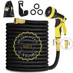 HmiL-U Garden Hose 50ft 15m Strongest Double Latex Inner Tube Prevent Leaking Magic Hosepipe with 9 Function Spray Gun+Solid Brass Fittings (Retracted Length 17ft)【2 YEARS 100% Guaranteed】(50ft)